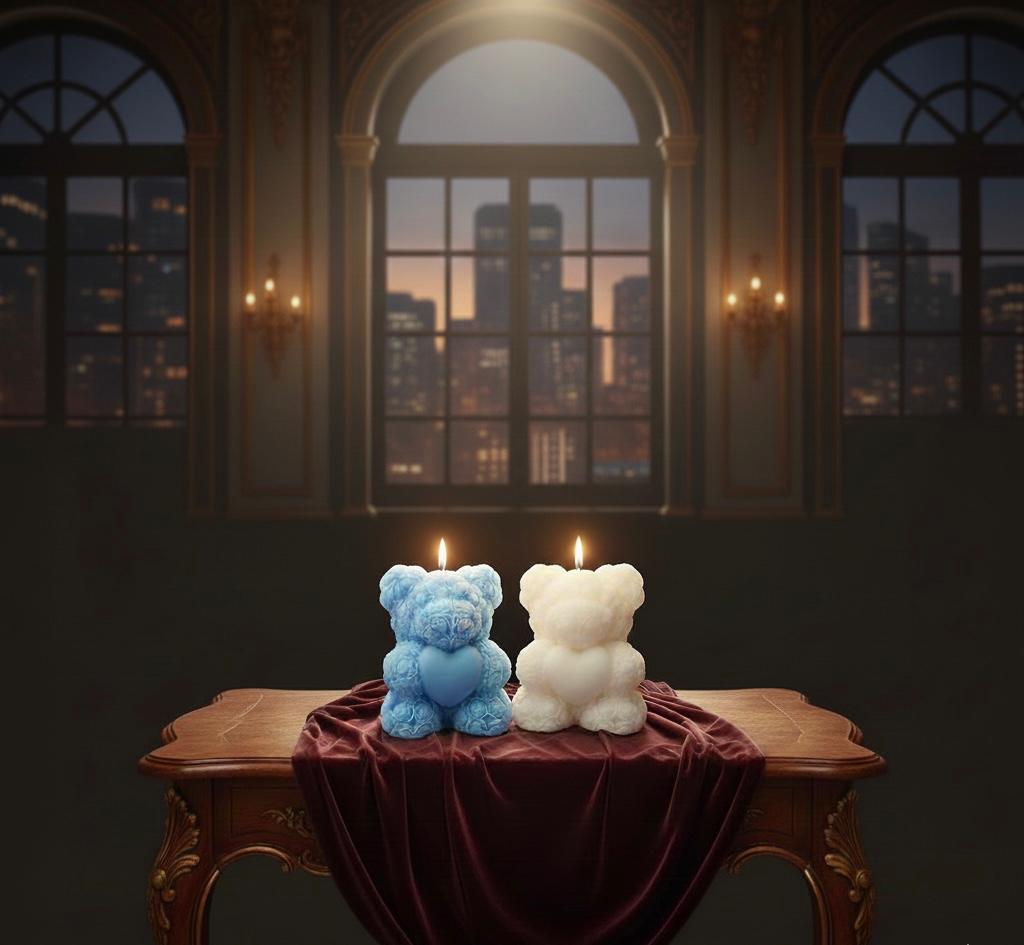 Teddy Bear Candles Blue& White
