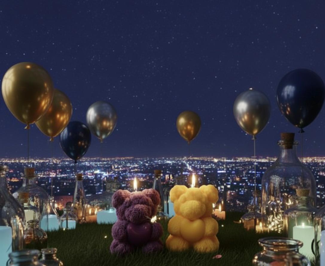 Teddy Bear Candles Purple & Yellow