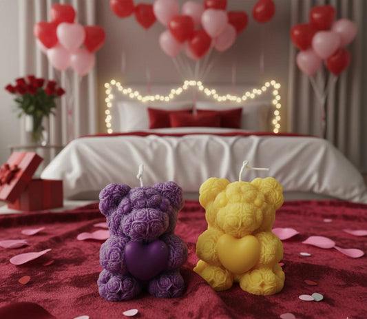 Teddy Bear Candles Purple & Yellow